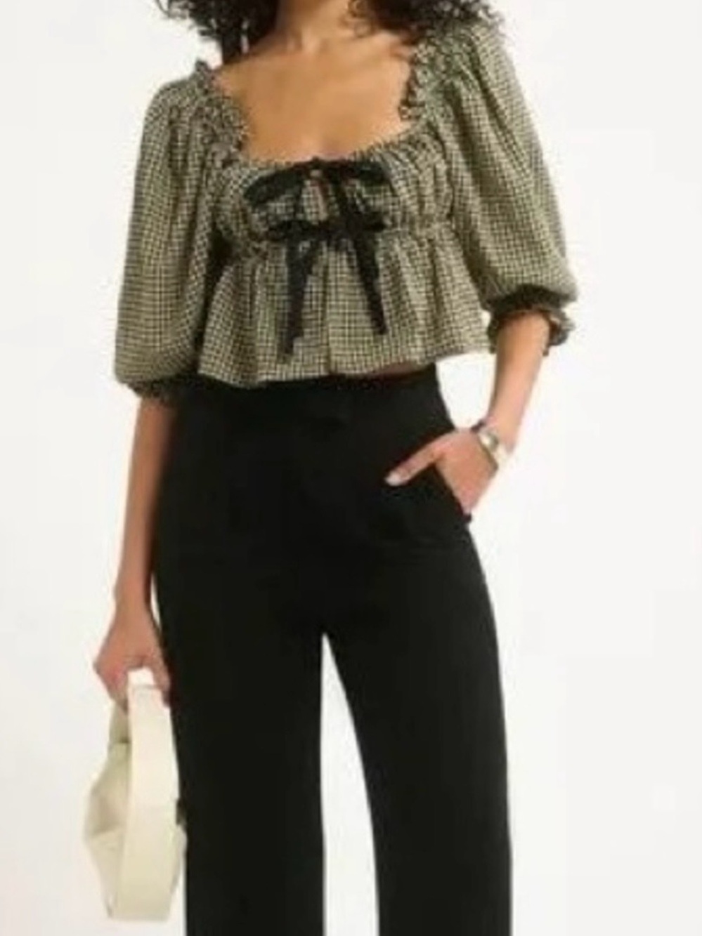 Rumored Black Gingham Parton Tie Front Puff Sleeve Top XS